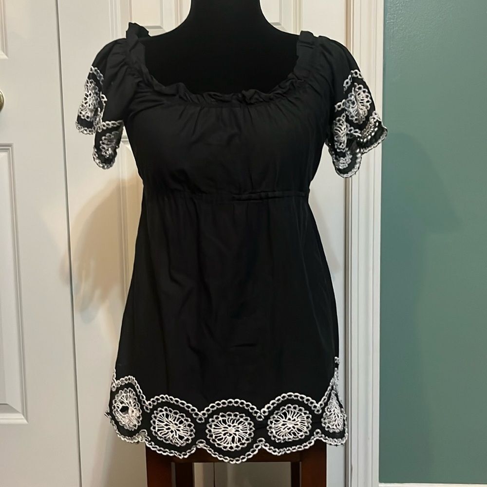 Lily White Cottage Core Grunge Bohemian Black with White Crochet Accents Top